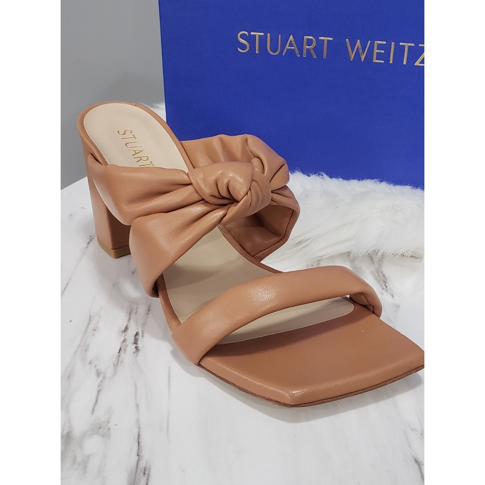 NEW 8.5 Stuart Weitzman Playa 75 Knot Block Heel Slide Tan Leather Sandals HEels